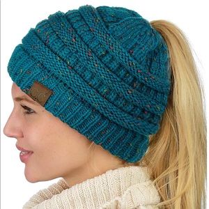 C.C Cable Knit Messy Bun Ponytail Beanie Hat